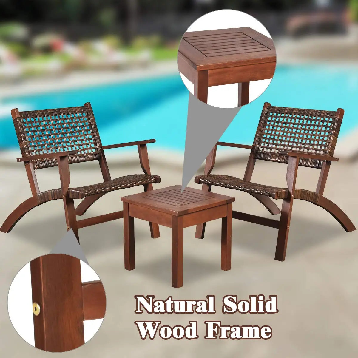 3 Pieces Solid Eucalyptus Wood Frame Outdoor Wicker Furniture Bistro Set with Coffee Table, Rattan Furniture