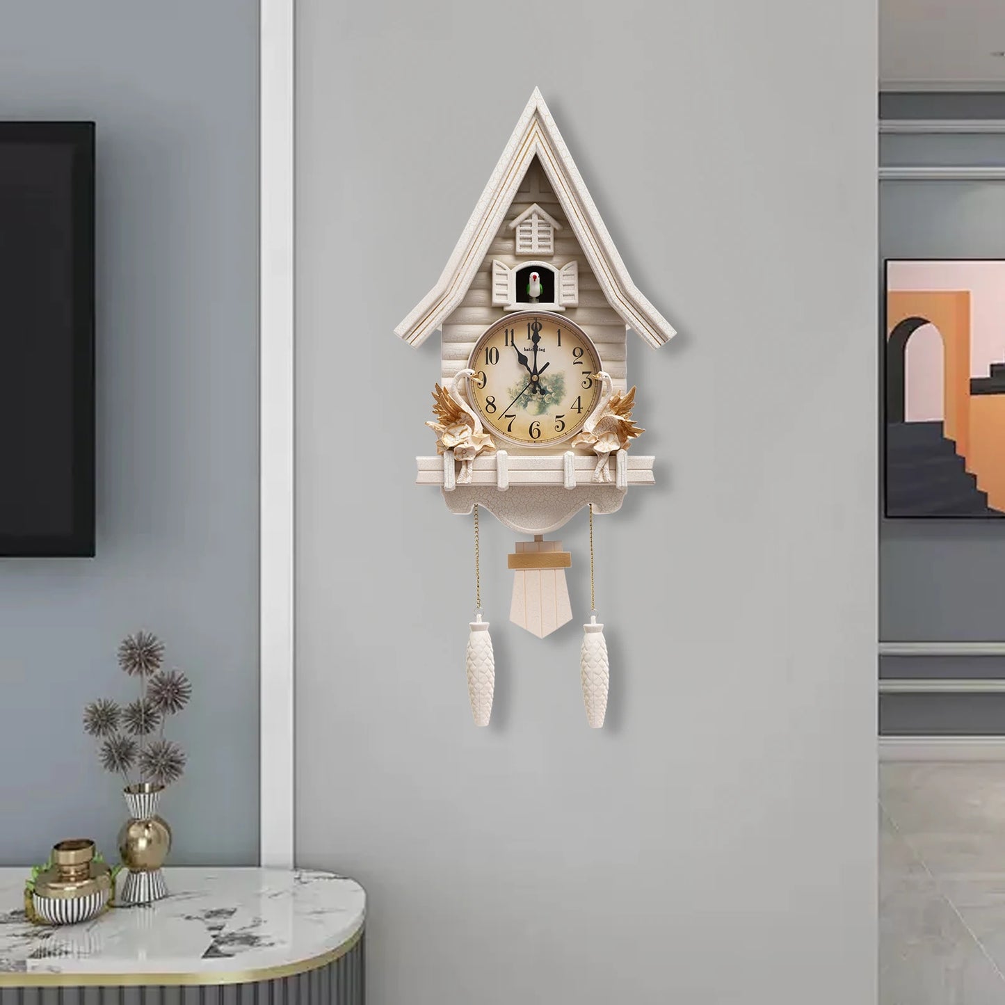 White Cuckoo Wall Clock Antique Battery Operated