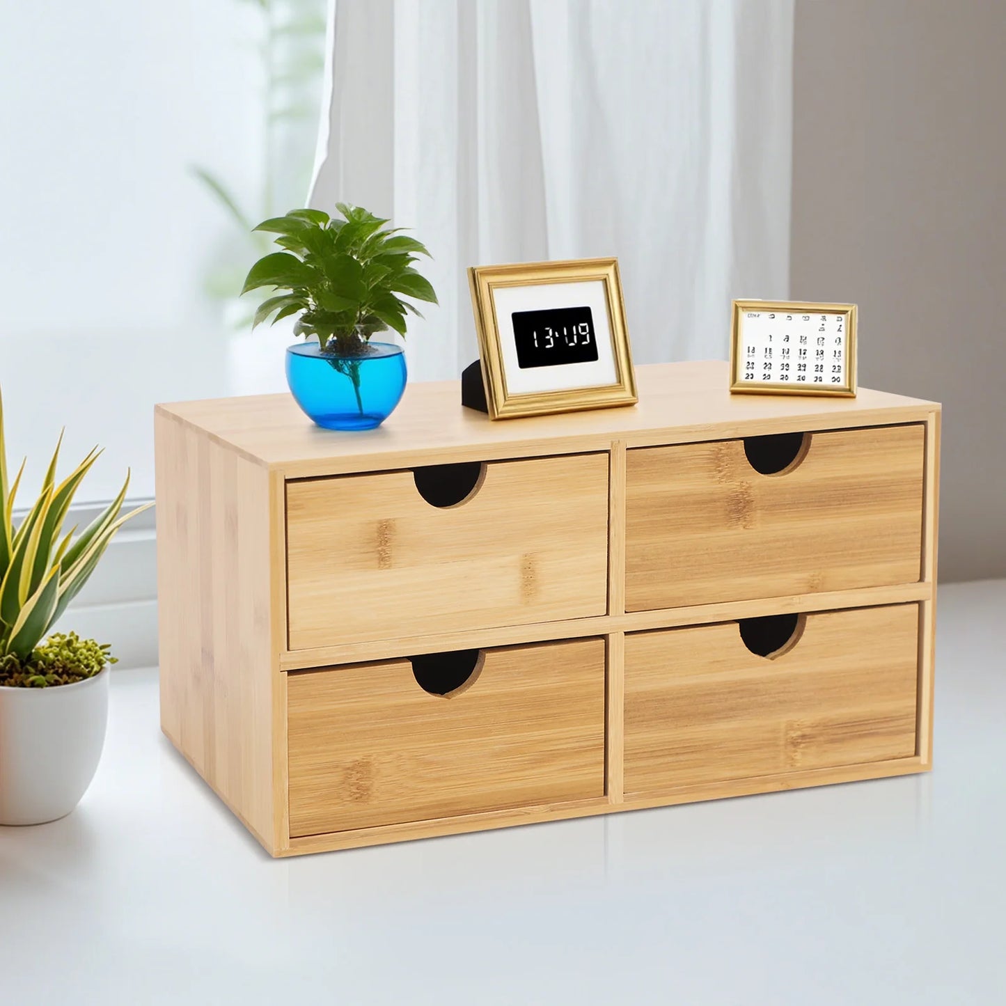 4-Drawer Desktop Bamboo Tabletop Storage Organization Boxes
