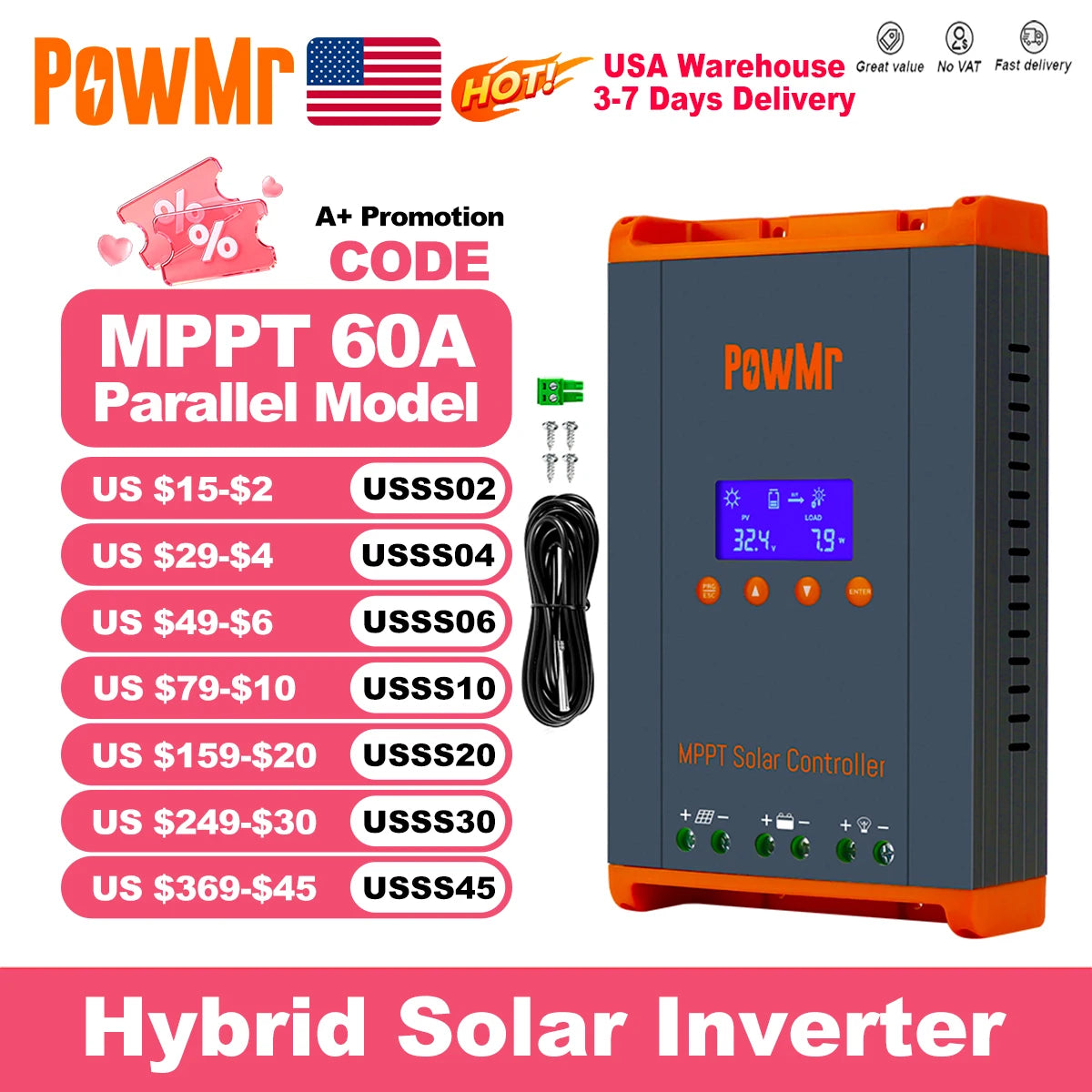 60A MPPT Solar Charge Controller Can Parallel 12PC Charging 12V 24V 36V 48V LifePo4 Battery Max 160VDC Solar Panel