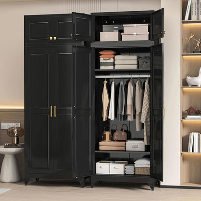 86" Metal Wardrobe Cabinet, Black Armoire Wardrobe Closet with Hanging Rod, Clothes Storage Cabinet