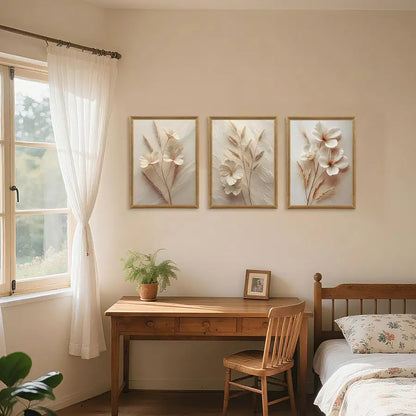 3 pcs Framed Neutral Beige Floral Canvas Wall art
