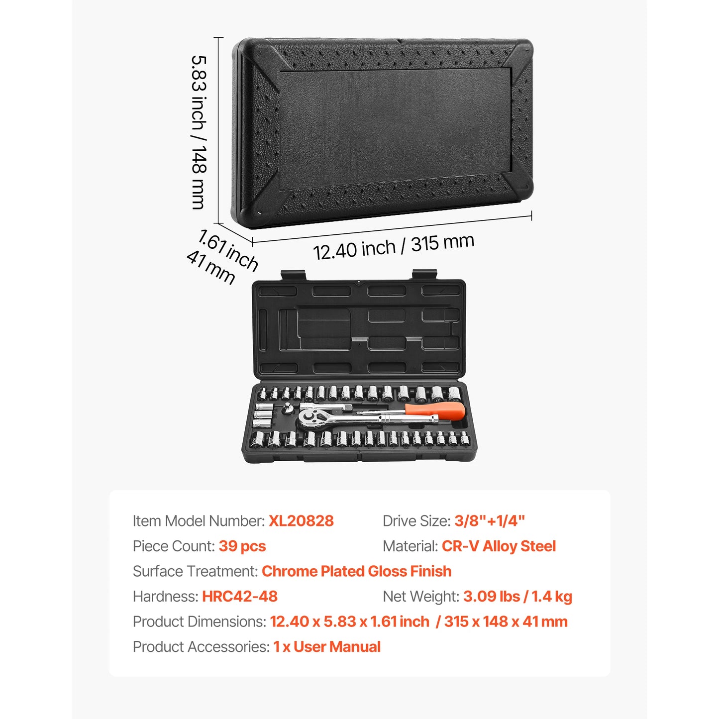 Socket Set 86 Pieces 1/4," 3/8," and 1/2inch SAE and Metric Socket and Ratchet Set