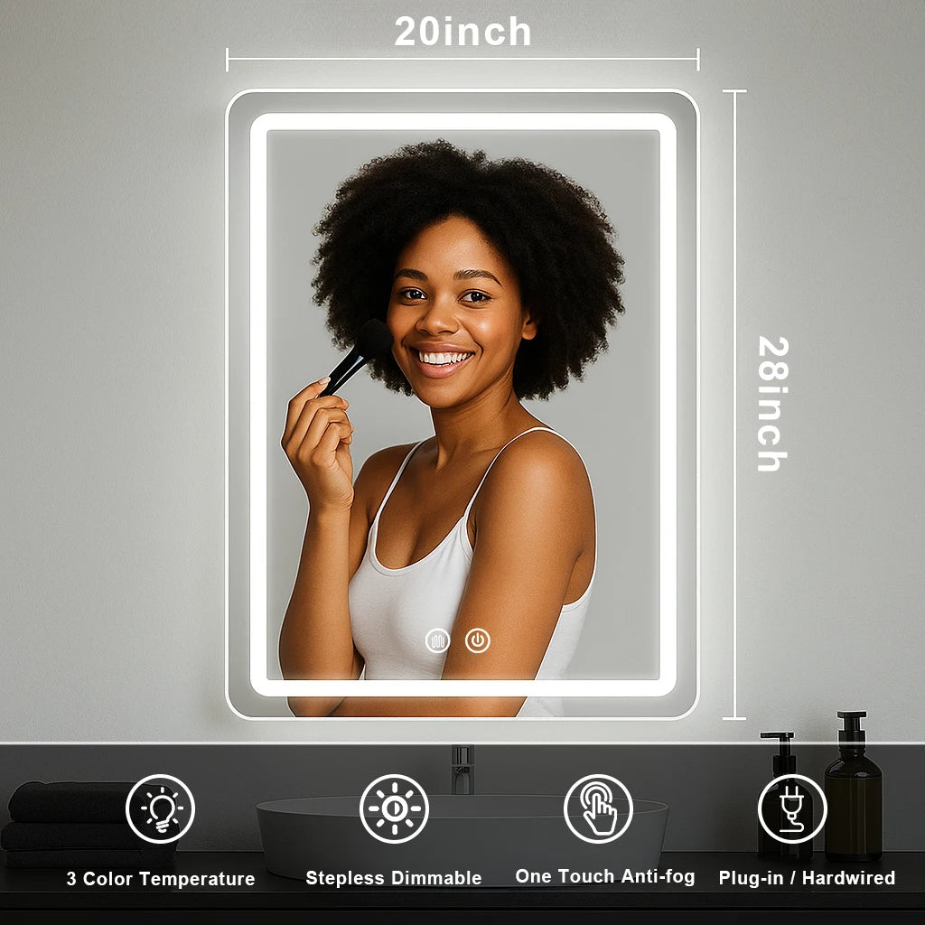 20x28 inch LED Bathroom Mirror with Backlit Lights, Fogless Makeup Mirror Wall Mounted