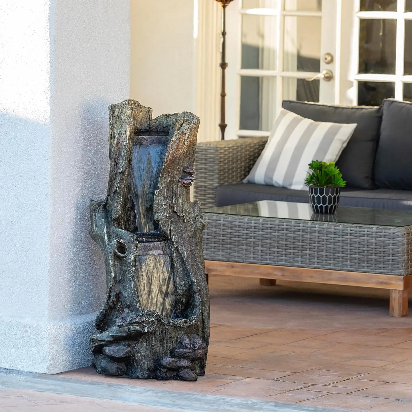 Outdoor Rainforest Tree Trunk Waterfall Floor Fountain with LED Lights, Garden Décor, 41" H, Brown