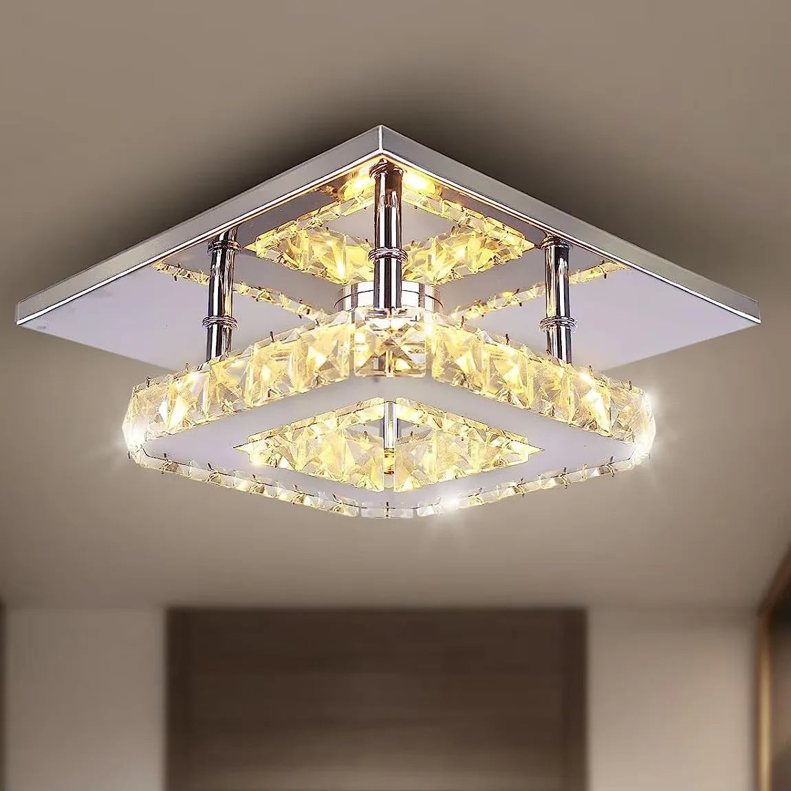 Small LED Chandelier Semi Flush Mount Ceiling Crystal Lamp for Bedrooms, Dinning Rooms, Hallway (Warm)