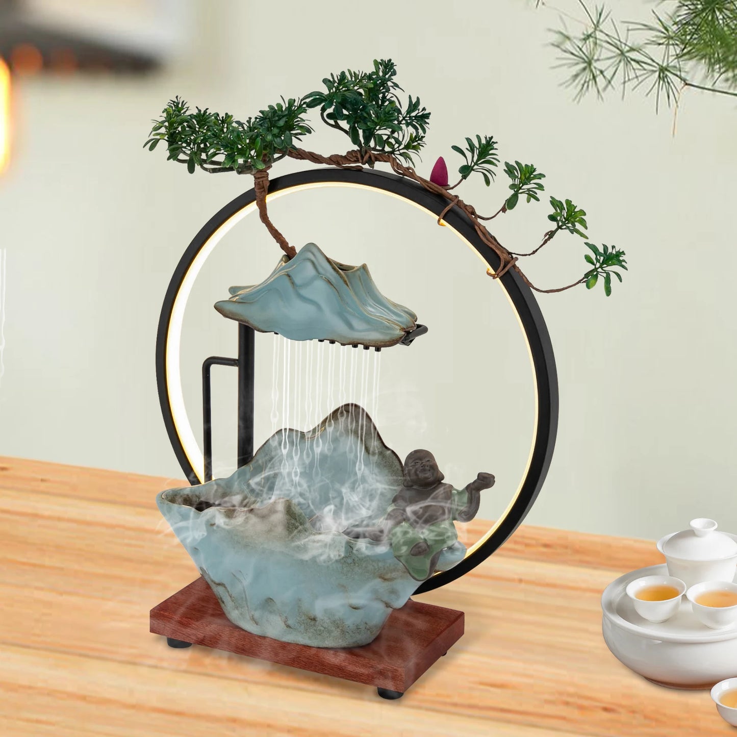 Tabletop Ceramic Fountain With Lights and Pump Free Standing 35*13*37cm for Living Room, or Office