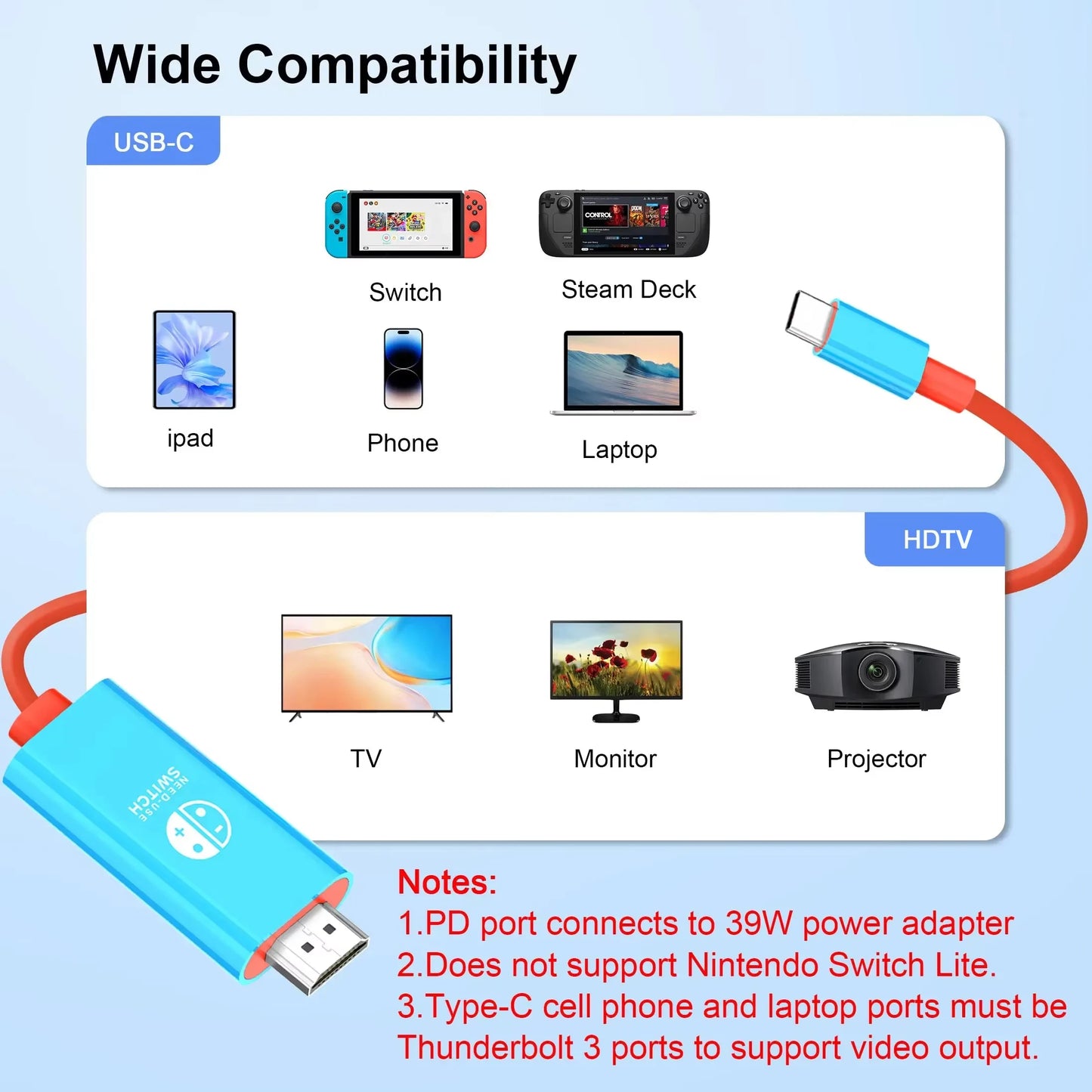 Portable 4K 30HZ HDTV-Compatible Cable for Nintendo Switch/OLED PD 100W Charging USB C to HDTV Adapter for Laptop Tablet Phone