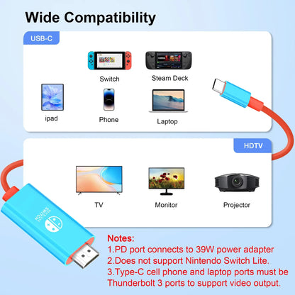 Portable 4K 30HZ HDTV-Compatible Cable for Nintendo Switch/OLED PD 100W Charging USB C to HDTV Adapter for Laptop Tablet Phone