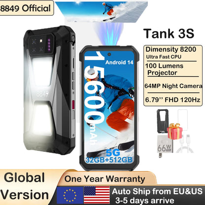 Unihertz Tank 3S Rugged Smartphone with Projector 5G 24/32GB RAM 256/512GB ROM Dimensity 8200 64MP Night Vision Phone