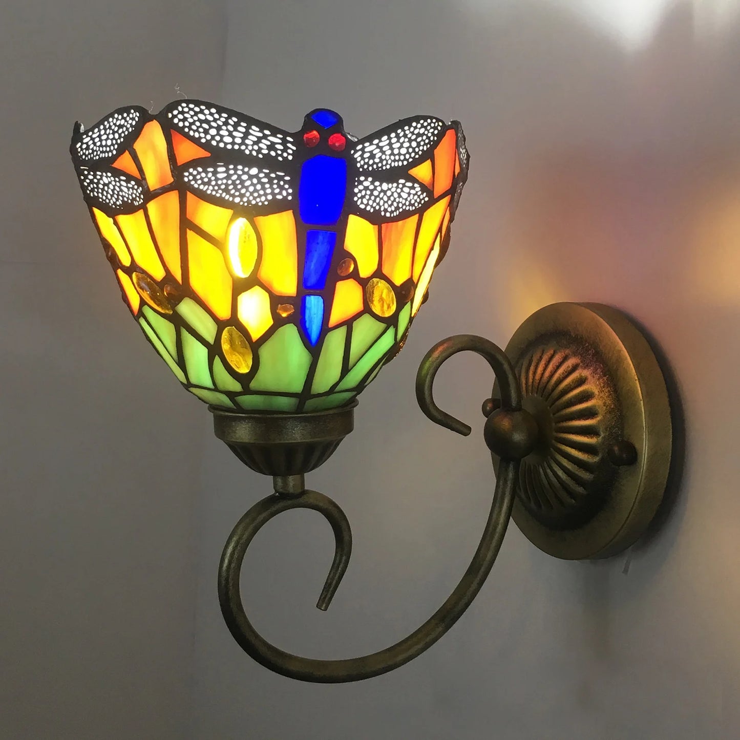 Stained Glass Wall Light, Retro Dragonfly Design With E27 Bulb Holder, Iron & Multicolor Glass Sconce