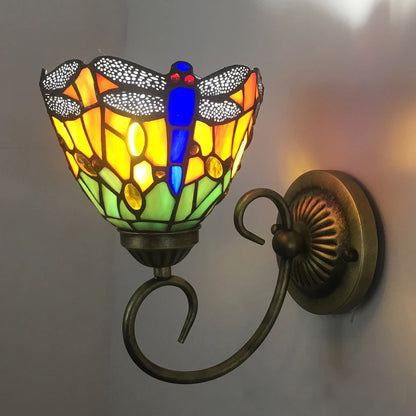 Stained Glass Wall Light, Retro Dragonfly Design With E27 Bulb Holder, Iron & Multicolor Glass Sconce