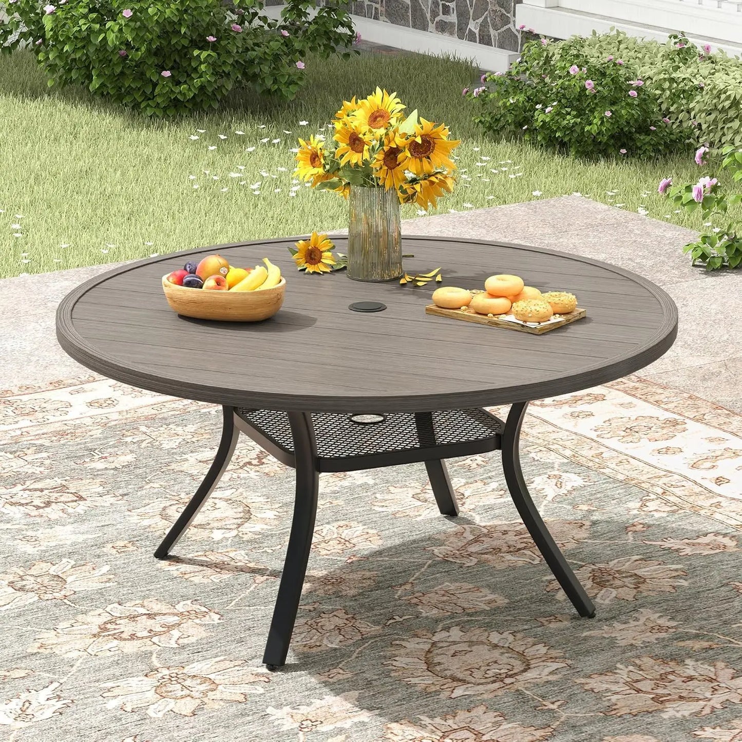 Outdoor Patio Round Dining Table for 6, 49.9" x 49.9" Metal Sleek Slat Dining Table with Umbrella Hole for Lawn Garden Deck Back