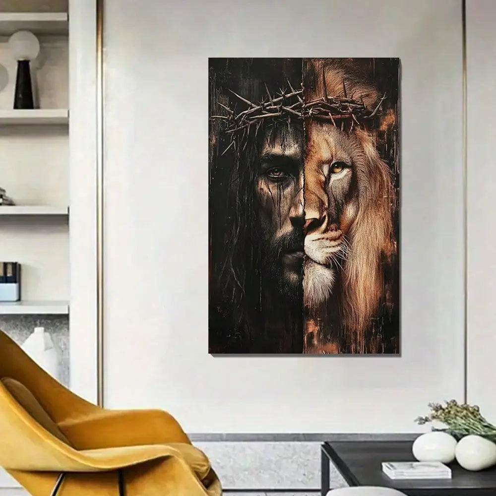 Jesus And Lion Framed Canvas Wall Art
