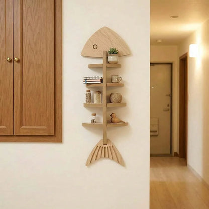 1pc Creative Wooden Fishbone Wall Storage Shelf, Multilayer Stylish Home Decor Rack, Bathroom Storage Shelf