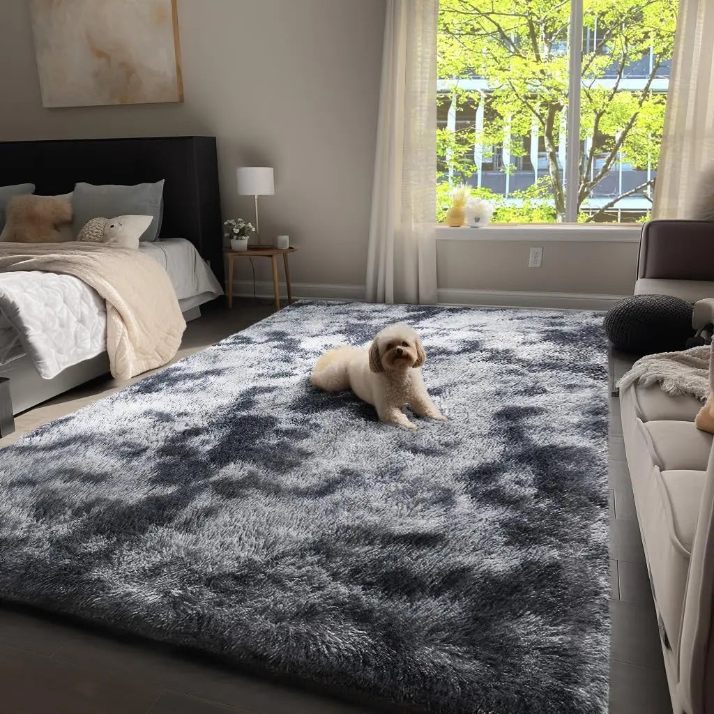 Soft Area Non-Slip Rugs for Living Room; Thick Plush Carpets Tie-Dyed Dark Gray Fluffy Artificial Velvet Soft Carpets