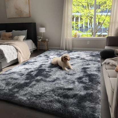 Soft Area Non-Slip Rugs for Living Room; Thick Plush Carpets Tie-Dyed Dark Gray Fluffy Artificial Velvet Soft Carpets