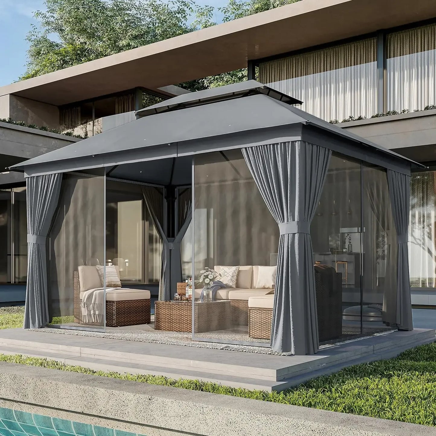 Outdoor Gazebo for Patio 10x12, Metal Frame Canopy with Double Roofs, Heavy Duty Party Tent and Shelter with Mosquito