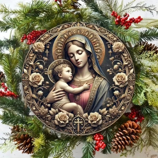 Virgin Mary & Baby Jesus Metal Sign – Decorative Wall Art for Home