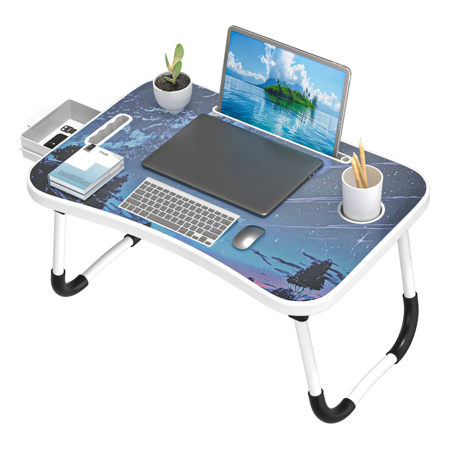 Extra-large multifunctional folding desk, portable wooden laptop bed desk with cup holder