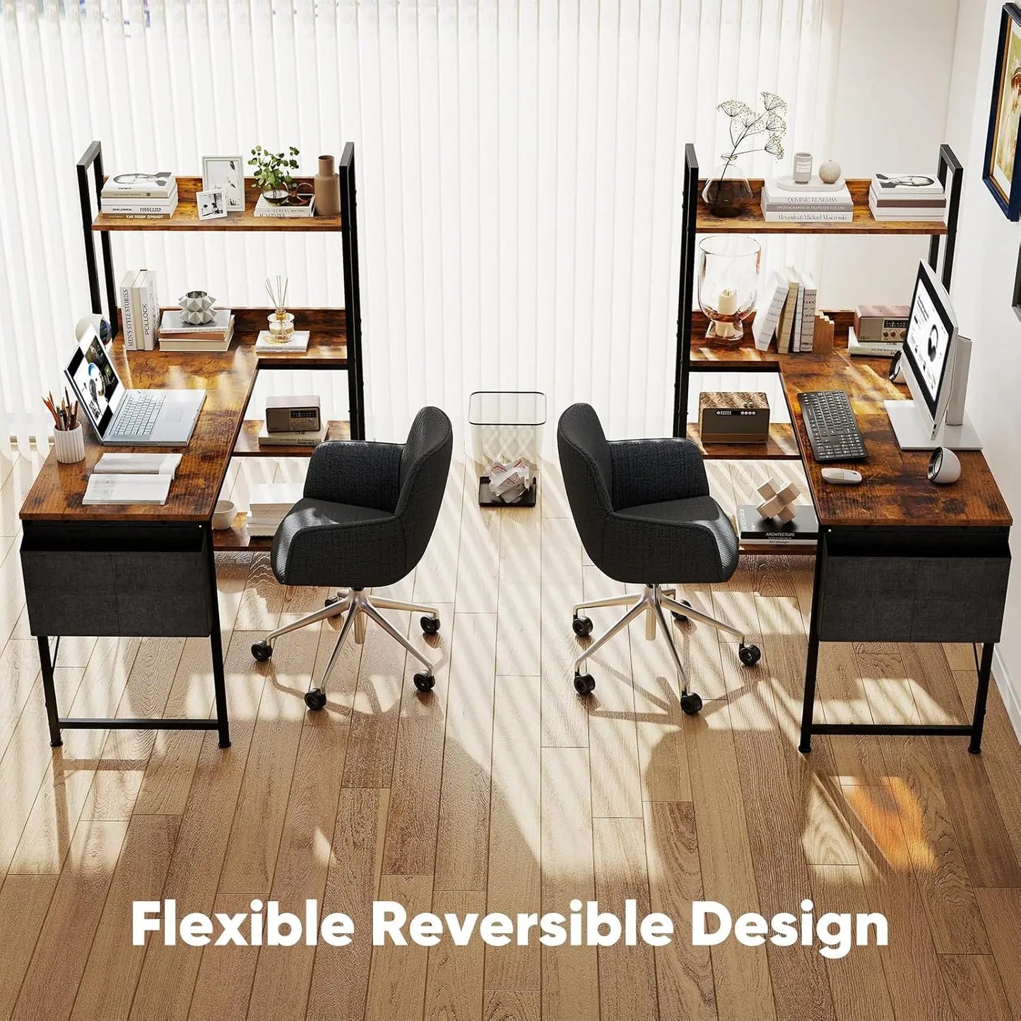 L-Shaped Corner Desk with Storage Shelf, Adjustable Feet for Dual Monitors, Brown Wood Office Table