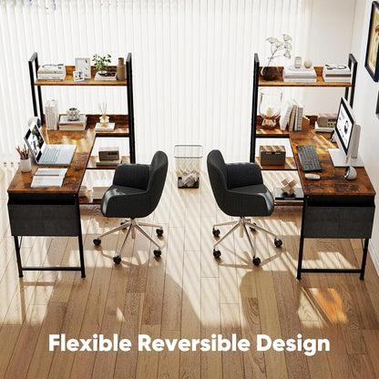 L-Shaped Corner Desk with Storage Shelf, Adjustable Feet for Dual Monitors, Brown Wood Office Table