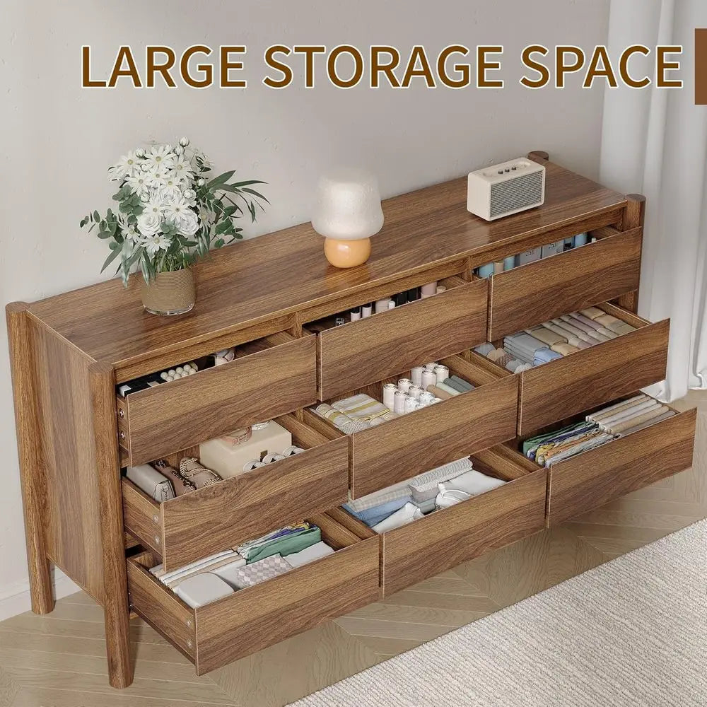 Mid-Century 63 inch wide Chest of Drawers with 9 Drawers and 4 Wooden Legs for Bedroom Storage