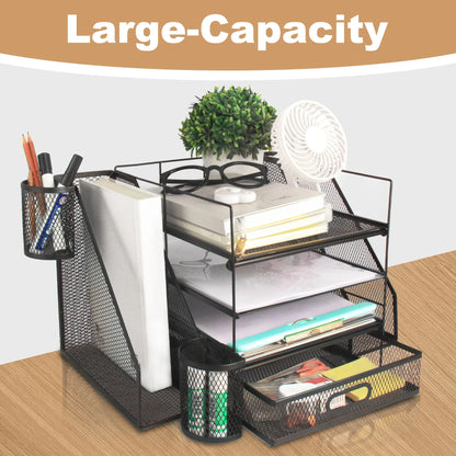 Office Desktop, 4 Tray File Organizer with Drawer and 2 Pen Holders