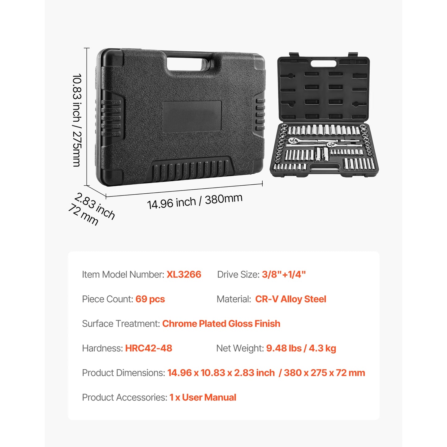 Socket Set 86 Pieces 1/4," 3/8," and 1/2inch SAE and Metric Socket and Ratchet Set