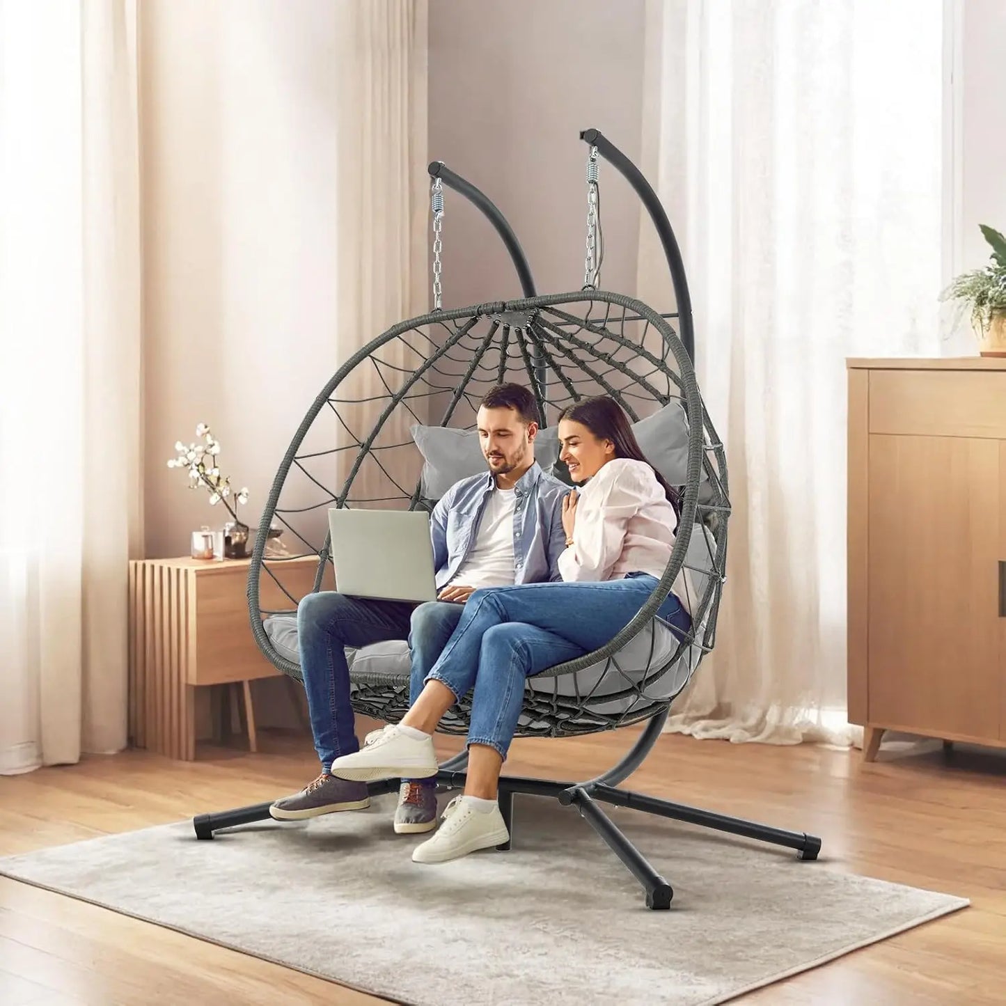 Double Egg Swing Chair with Stand, 2 Person Outdoor Indoor Hammock Hanging Chair with Cushion,Patio Wicker Hanging, Customized