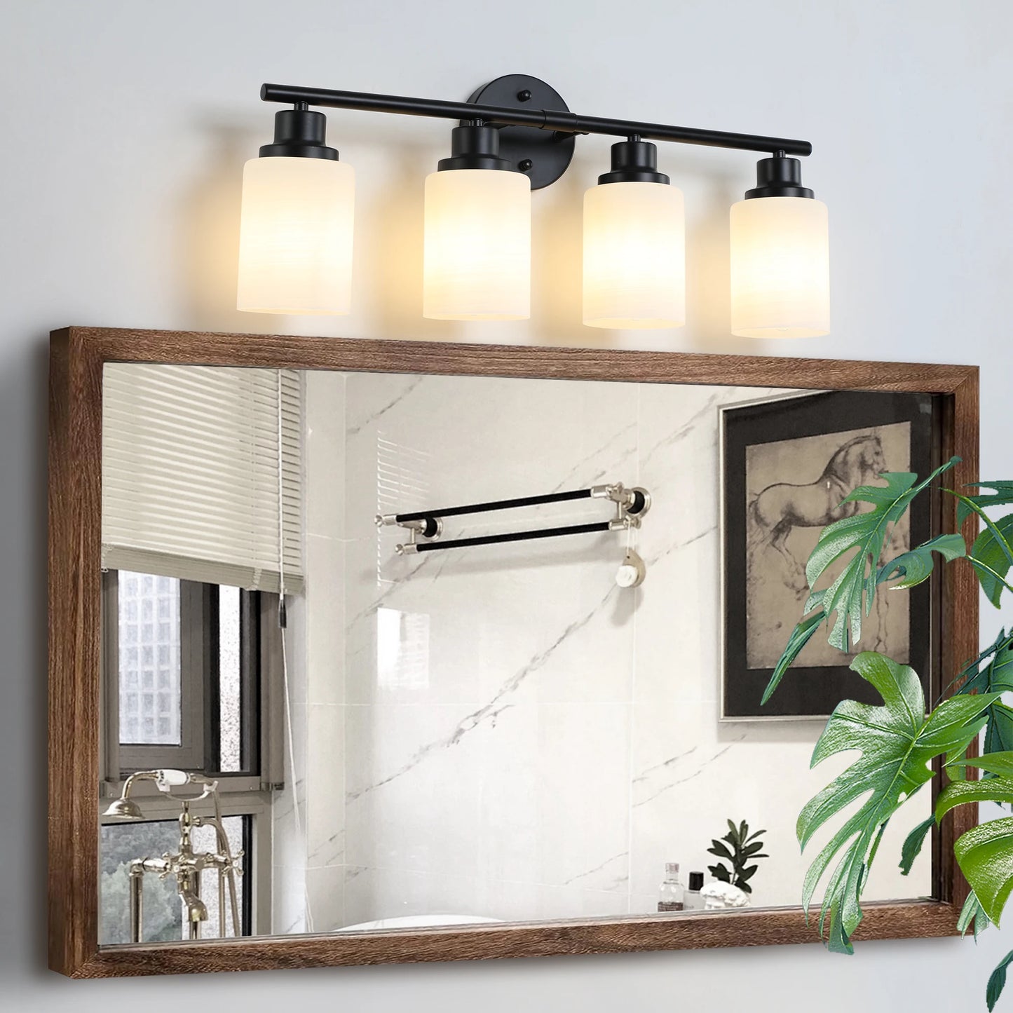 Modern 4/5/6 Vanity Bathroom Mirror Lights, With Frosted White Glass Lampshades and Black Iron Frame