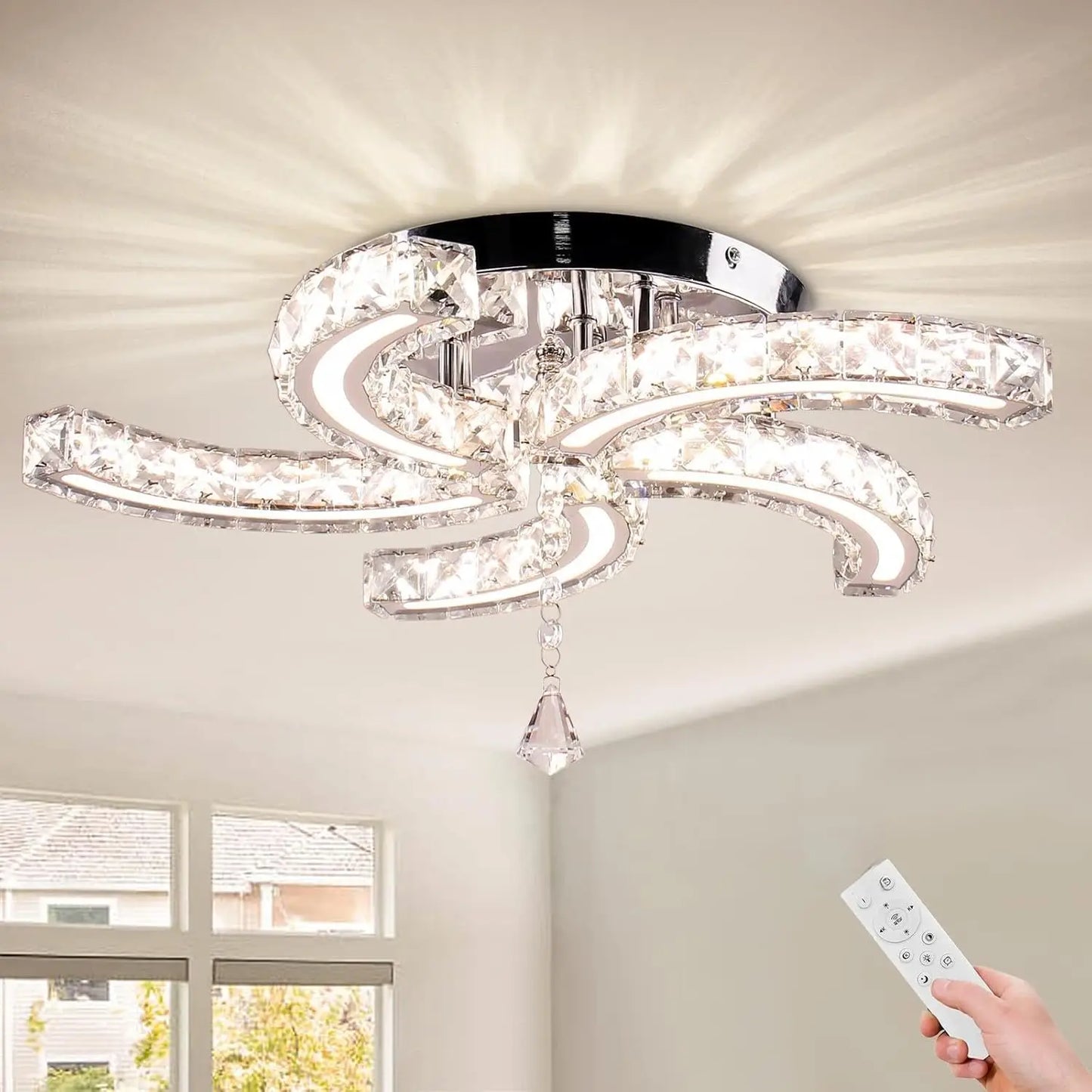 19.7" Dimmable Crystal Semi Flush Mount 5-Light LED Modern Chandelier with Remote