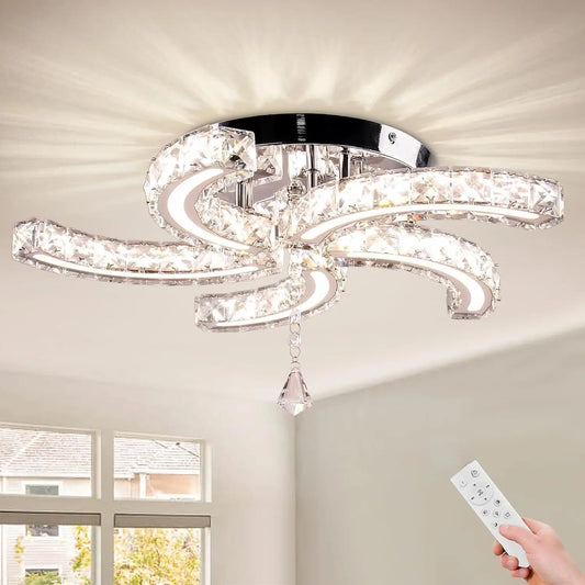 19.7" Dimmable Crystal Semi Flush Mount 5-Light LED Modern Chandelier with Remote
