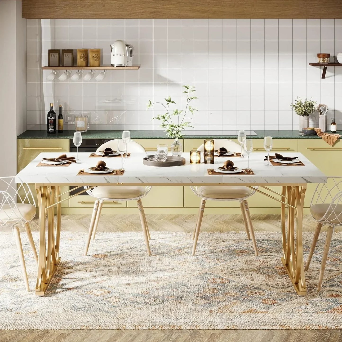 63 inch Modern Dining Table, Large Kitchen Table for 4-6 People, Unique Rectangular Dinner Table Kitchen & Dining Room Furniture