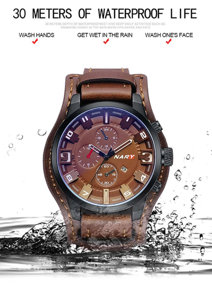 Men's Brown Round Dial Quartz Watch with PU Leather Strap