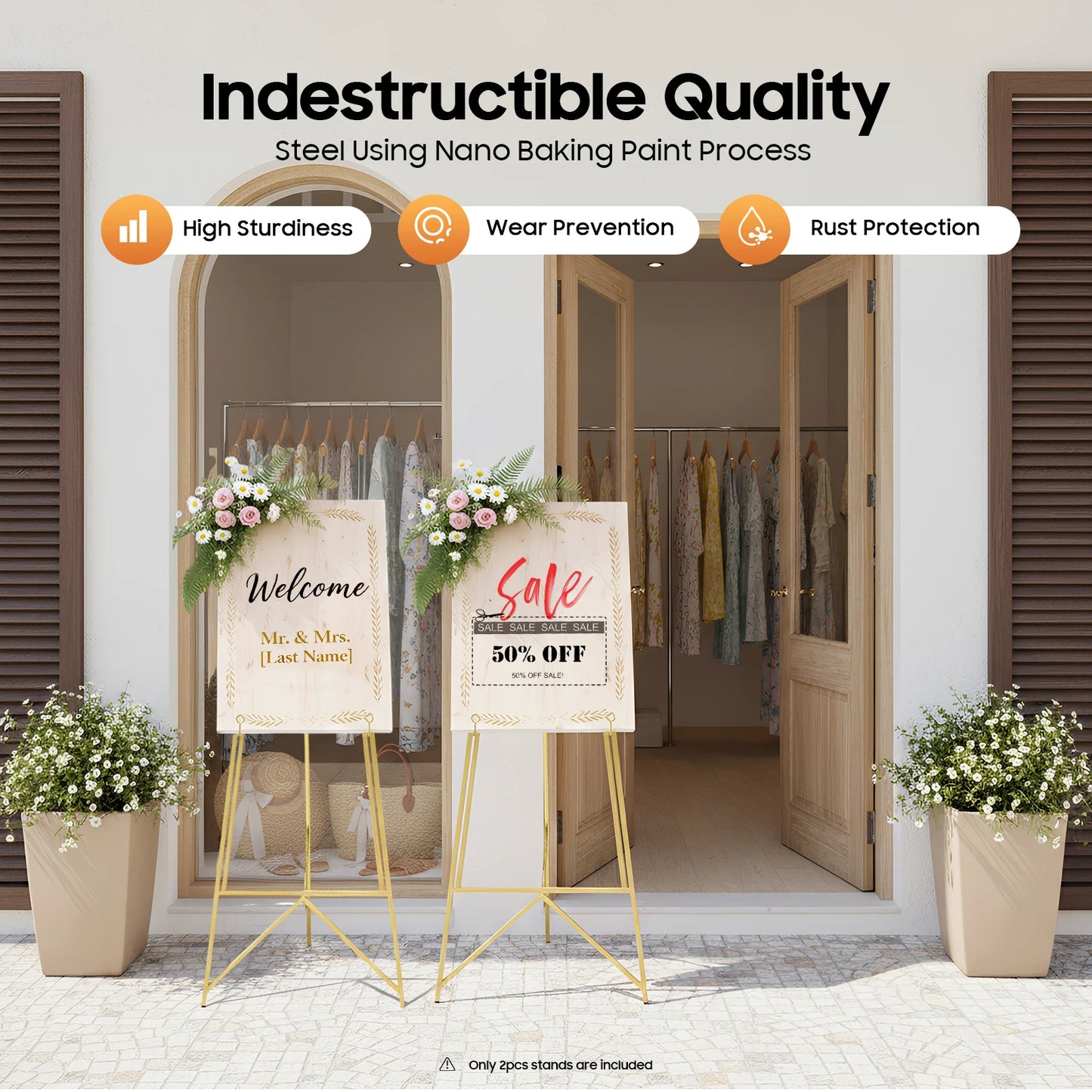 2Pcs Gold Display Easel Stand, Adjustable Photo Frame Holder for Wedding Poster Sign, Heavy Duty Steel Tripod 10kg Capacity