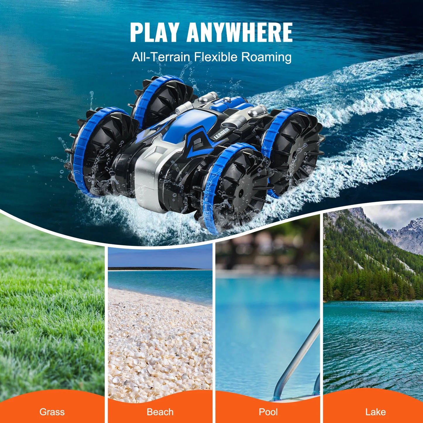 Blue/Yellow Amphibious RC Car/Boat 2.4GHz 12 km/h 360° Rotating Stunt Car Water Beach Pool Toy