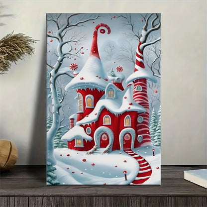 Candy Cane Castle & Bright Red-Blue Snow Scene | Solid Wood Pine Framed Oil Painting | Festive Decor for Living Room
