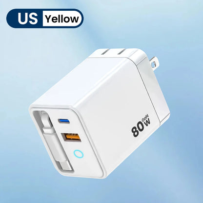 80W Super Fast Charge Type C USB Phone Charger With Telescopic USB C Cable For Iphone 16 15, Samsung, Laptop, With Light