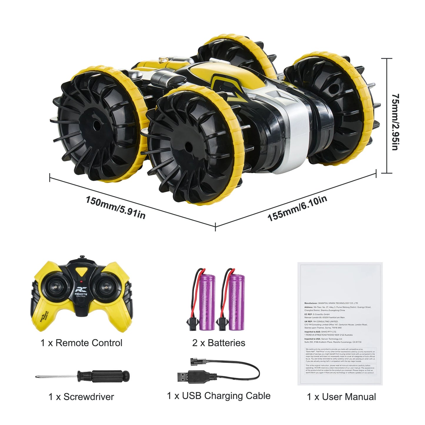 Blue/Yellow Amphibious RC Car/Boat 2.4GHz 12 km/h 360° Rotating Stunt Car Water Beach Pool Toy