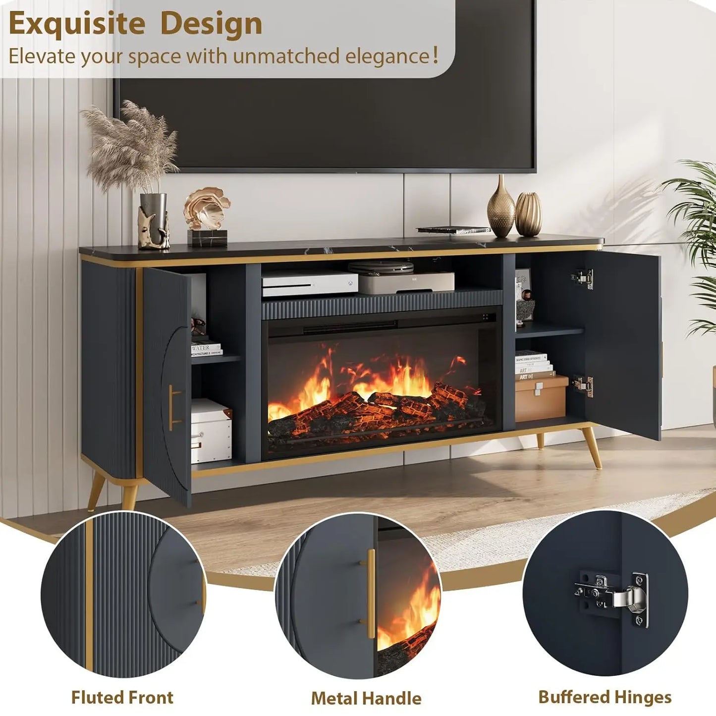 Modern Fluted TV Stand with Electric Fireplace for up to 80'' TVs Luxury Customizable Media Entertainment Center