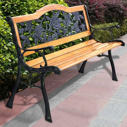 50 Inch Patio Bench, Outdoor Furniture Rose Cast Iron Hardwood Frame Porch Loveseat, Weather Proof Porch Path Chair for 2 Person