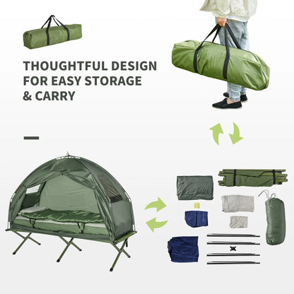 All in One Camping Tent-Cot Combo with Air Mattress, Pump and Sleeping Bag