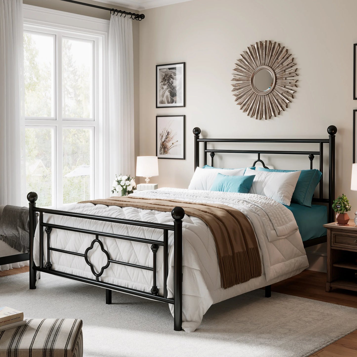 Metal Platform Bed Frame, Vintage Victorian Style, Wrought Iron Headboard and Footboard