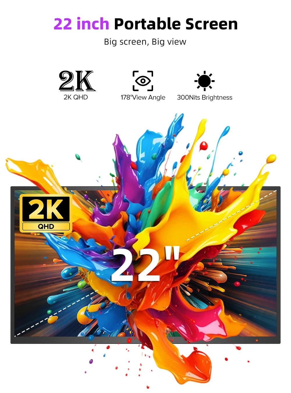 22 inch Computer Gaming Display Monitor 2K 1440P 100% sRGB USB-C HDMI IPS Screen for Laptop MacBook Surface PC