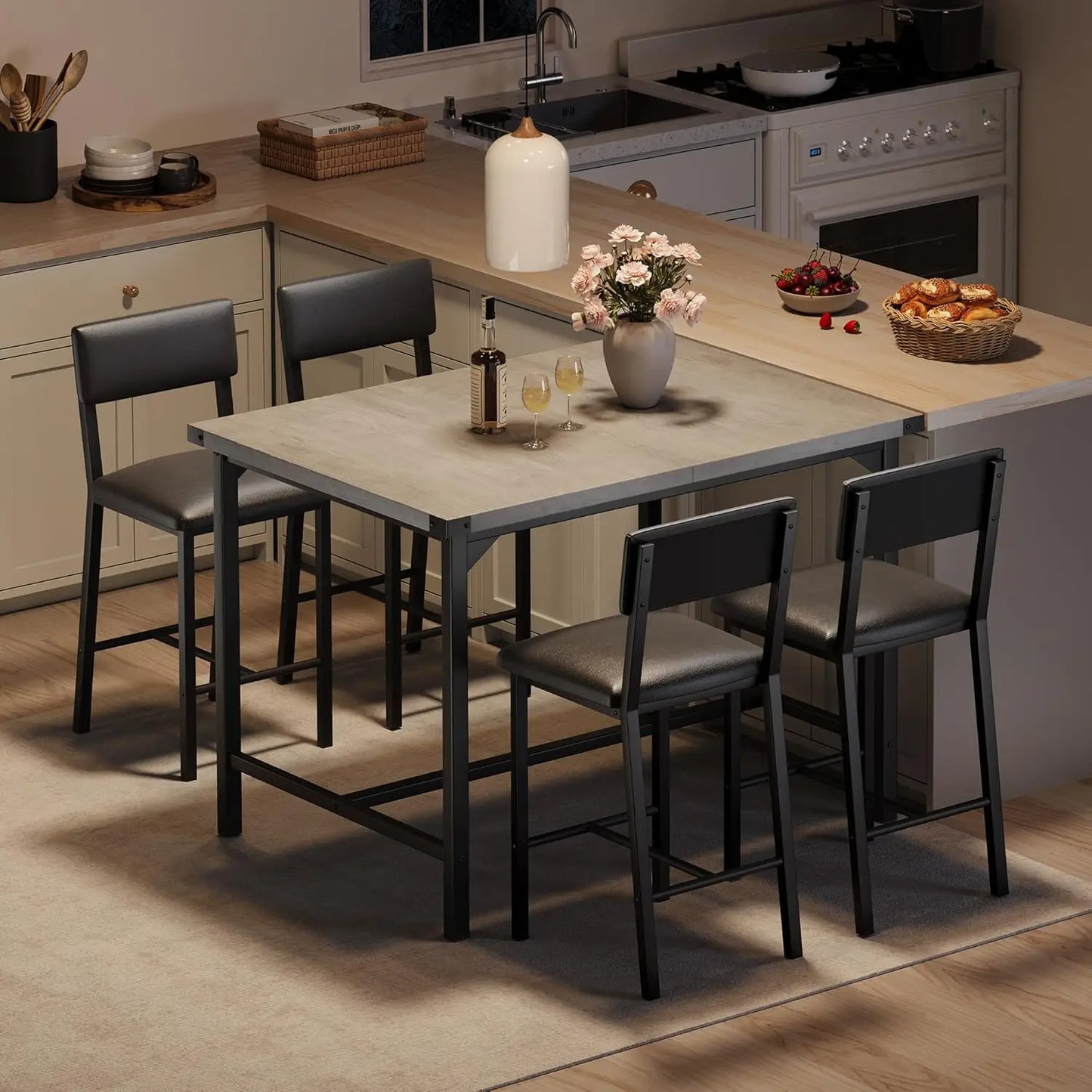 5-Piece Dining Table Set, Bar Table Set with 4 Upholstered Chairs for Pub, Dining Room, Kitchen