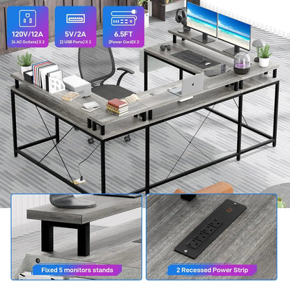 U Shaped Gaming Desk with Monitor Stand, Storage Shelves, and 2 Power Outlet Adjustable With RGB Color LED Light