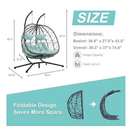 Double Egg Swing Chair with Stand, 2 Person Outdoor Indoor Hammock Hanging Chair with Cushion,Patio Wicker Hanging, Customized