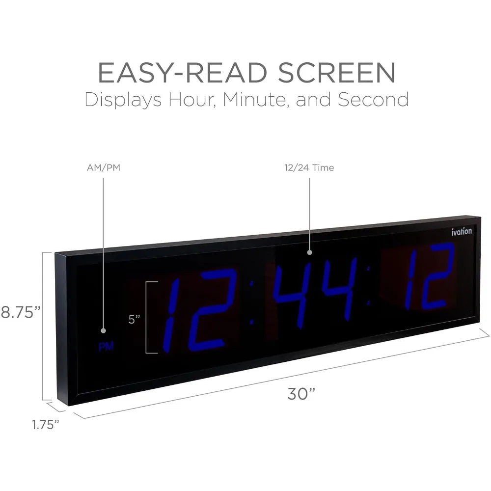 Large LED Digital Wall Clock with Big Display - Oversized 30 Inch Blue Clock, Shelf or Wall Mount