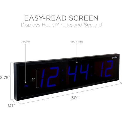 Large LED Digital Wall Clock with Big Display - Oversized 30 Inch Blue Clock, Shelf or Wall Mount